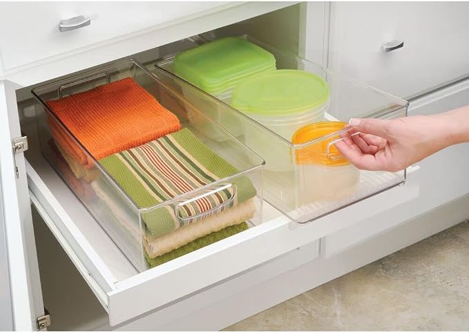mDesign Plastic Stackable Kitchen Organizer - Storage Bin with Handles for Refrigerator, Freezer, Cabinet, and Pantry Shelves Organization - Food Container - 2 Pack - Clear