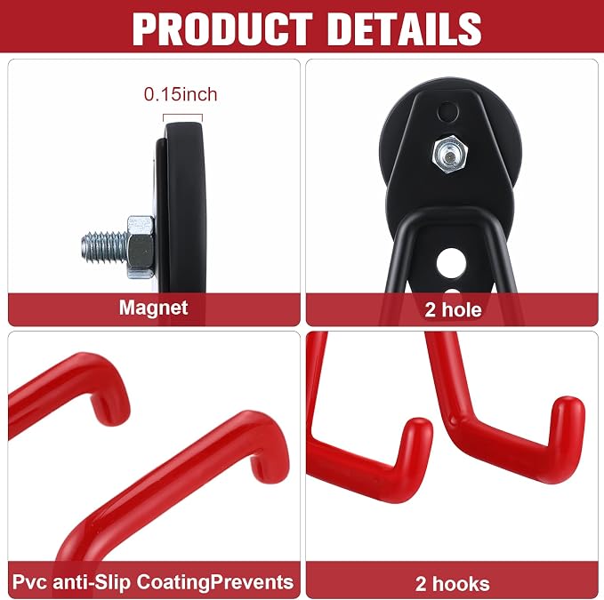 Landhoow 18 Pcs Large Magnetic Hooks Heavy Duty Garage Magnet Hooks Strong Storage Utility Magnetic Hangers with Anti Slip Rubber Coating for Indoor and Outdoor Hanging (Dark Red)