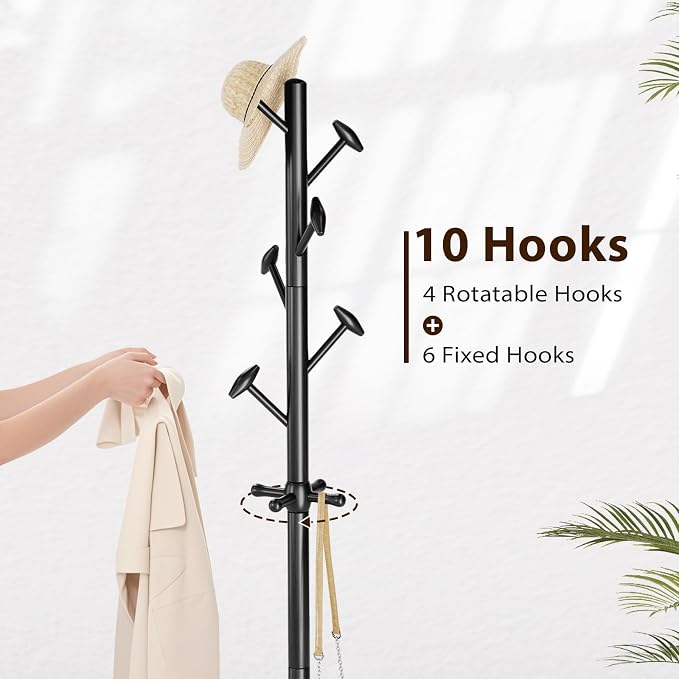 Taitiy Solid Wood Coat Rack Freestanding Coat Tree | with 10 Hooks for Bedroom, Livingroom, Entryway, Sturdy Coat Hanger Stand for Hats, Coats, Scarves, Handbags, Purses