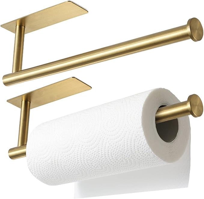 theaoo Under Cabinet Paper Towel Holder for Kitchen, Adhesive, 2 Pack Gold | Self-Adhesive or Screw Mount for Cabinets and Walls; Durable SUS304 Stainless Steel Fits Standard and Jumbo Rolls
