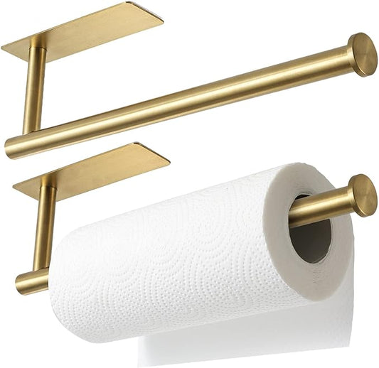 theaoo Under Cabinet Paper Towel Holder for Kitchen, Adhesive, 2 Pack Gold | Self-Adhesive or Screw Mount for Cabinets and Walls; Durable SUS304 Stainless Steel Fits Standard and Jumbo Rolls
