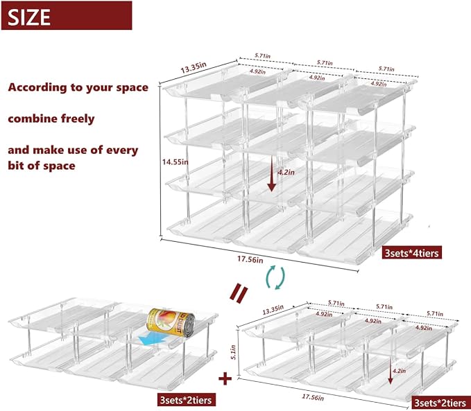 Attelite Can Organizer for Pantry, 3 Sets 4 Tiers Can Storage Organizer Pantry,Soda Can Organizer for Fridge 48 Cans Rack Automatic Rolling Stackable Canned Food Organizer,Clear