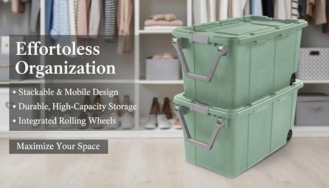 40 Gallon Light Green Rolling Industrial Storage Bins 2-Pack, Heavy-Duty Plastic with Leakproof Lid & Latches, Stackable for Garage Warehouse Equipment Transport