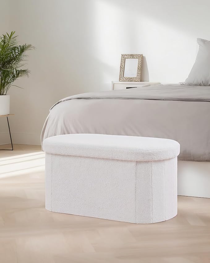 30 Inches Oval Storage Ottoman Bench, Foldable Footrest | Teddy Boucle Fabric, Hidden Storage, Soft Padded Seat, Compact Ottoman for Living Room, Bedroom, Dorm, White