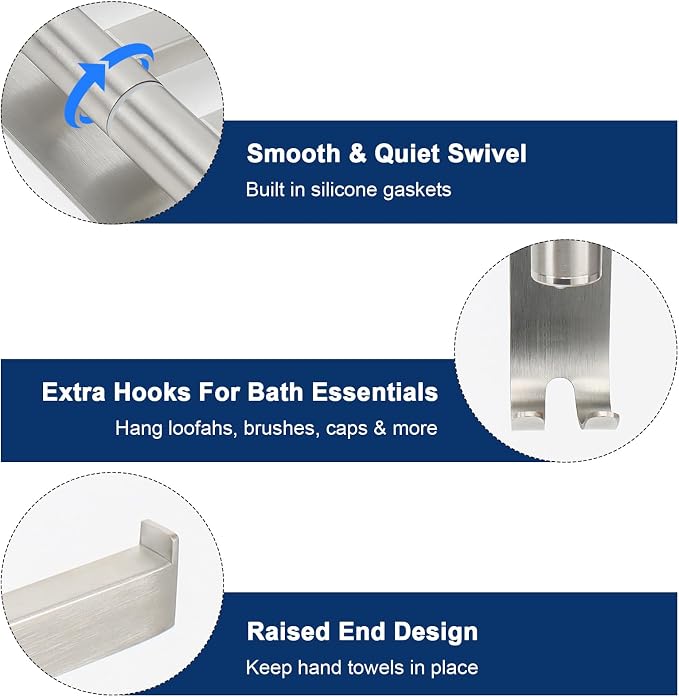NearMoon Swivel Towel Rack, 13.8" Thicken 304 Stainless Steel 4-Arm Towel Bar, Space Saving Wall Mounted Towel Holder with Hook, Rustproof Swing Out Towel Hanger for Bathroom, Square (Brushed Nickel)