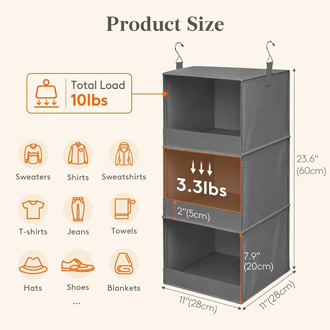 Lifewit 3 Tier Hanging Clothes Storage Organizer for RV, 1 Pack, Gray | Front Anti-Slip Closet Storage Hanger with 2 Sturdy Hooks, Vertical Foldable Sweater Organization for Shelf, Wardrobe, Dorm