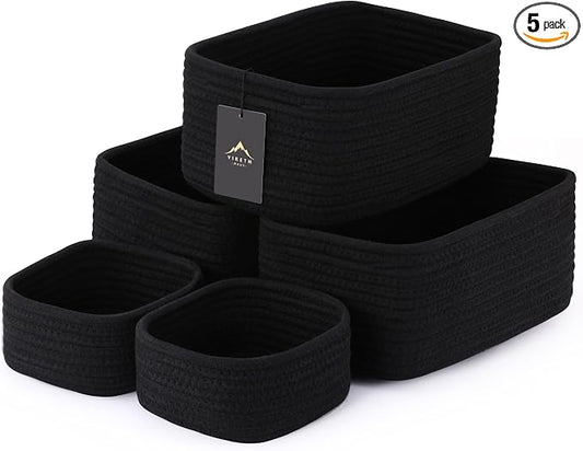 5-Pack Small Woven Rope Storage Baskets, 2 Sizes Organizer Bins | Fabric Cube Boxes and Rectangular Shallow Bins for Closet, Shelf, Bookshelf, Nursery, Changing Table, Bathroom, Toys & Home