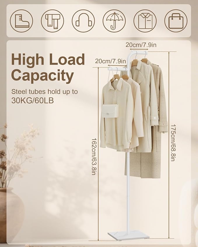 Garment Rack Freestanding, Metal Coat Rack, White, 68.9 In High | Modern Clothes Rack with Rock Slab Base, Heavy-duty Metal Clothing Stand for Boutiques, Hallway, Entryway, Living Room
