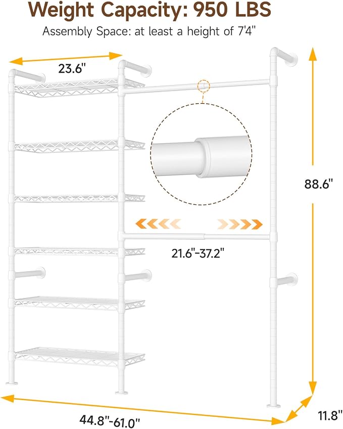 H2 Wall Mounted Clothing Rack, Expandable Industrial Pipe Clothes Rack Garment Racks for Hanging Clothes, Heavy Duty Closet Organizers and Storage in Closet System, White