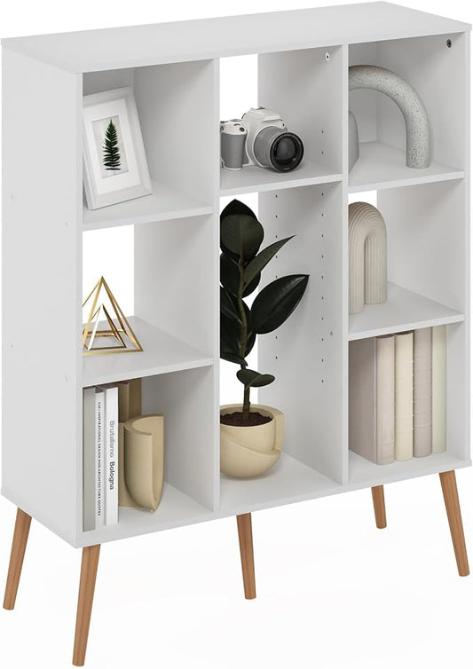 Furinno Claude Mid Century Style Book Shelf, 8-Cube Bookshelf, Cube Storage Organizer Bookcase with Wood Legs, 10.9 x 31.5 x 39.3, for Living Room, Bedroom, Home Office, White