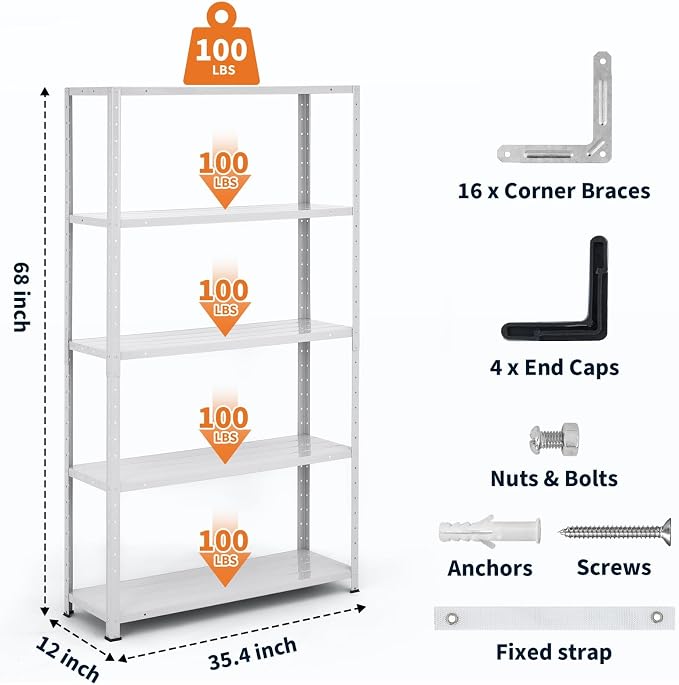 Storage Shelves, Heavy Duty Garage Storage Shelves 5-Tier Metal Shelving Unit for Kitchen Pantry Basement Bathroom Laundry, Adjustable Shelving, 2500 LBS Capacity, 35.4" L x 12" W x 68" H