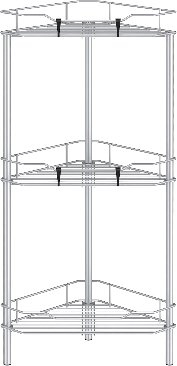 HuggieGems 3 Tier Floor Standing Corner Shower Caddy Organizer Shelf with Hooks, Bathroom Shelves Stand Rack, Silver