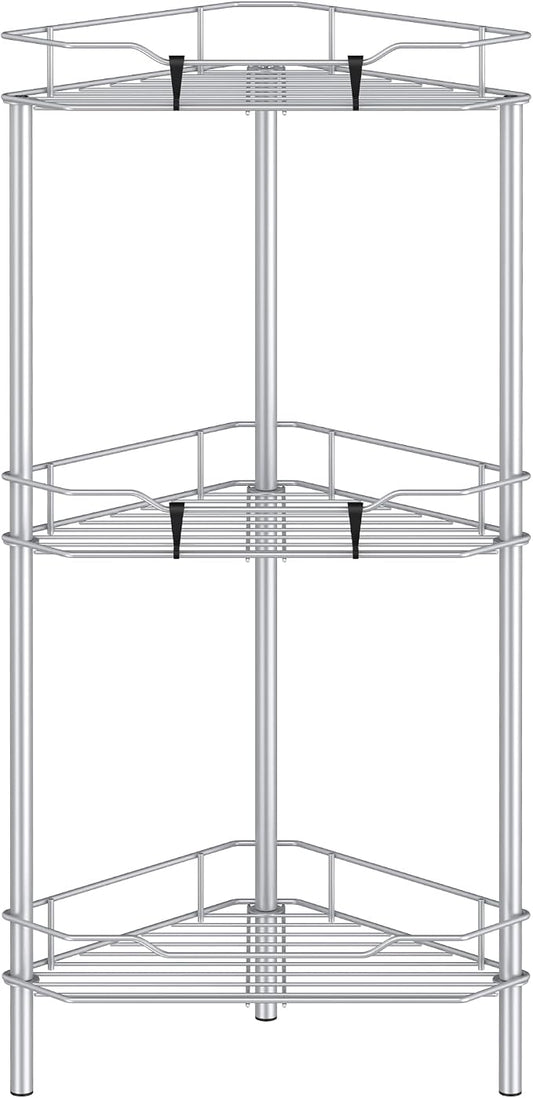 HuggieGems 3 Tier Floor Standing Corner Shower Caddy Organizer Shelf with Hooks, Bathroom Shelves Stand Rack, Silver