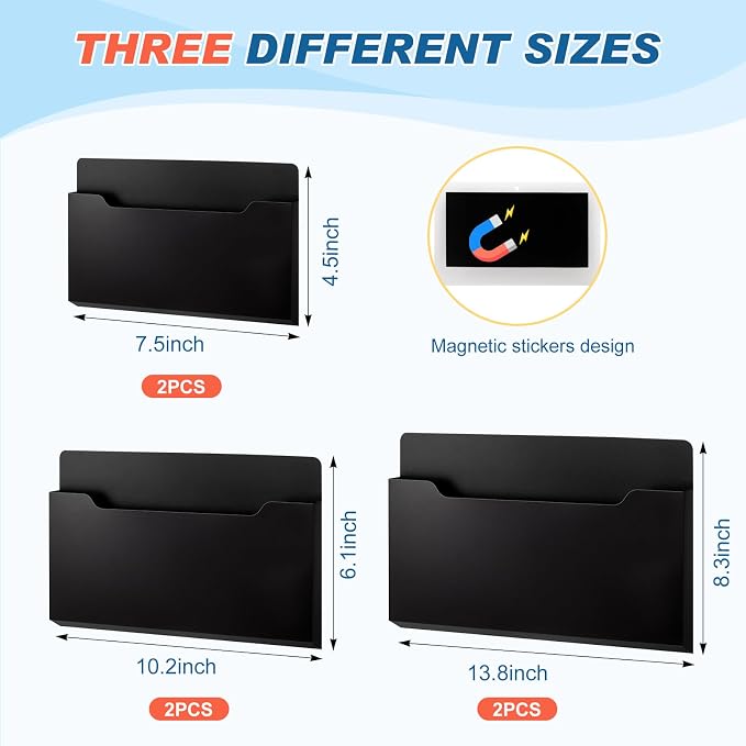 6 Pcs Magnetic Wall File Organizer Magnetic Wall File Holder Refrigerator Magazine Holder for Mail Letters Paper(Black,Horizontal-3 Mixed Size)