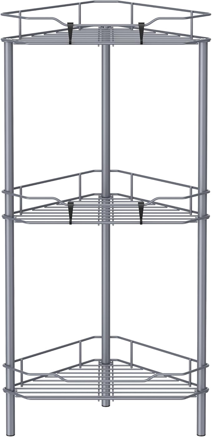 HuggieGems 3 Tier Floor Standing Corner Shower Caddy Organizer Shelf with Hooks, Bathroom Shelves Stand Rack, Dark Gray