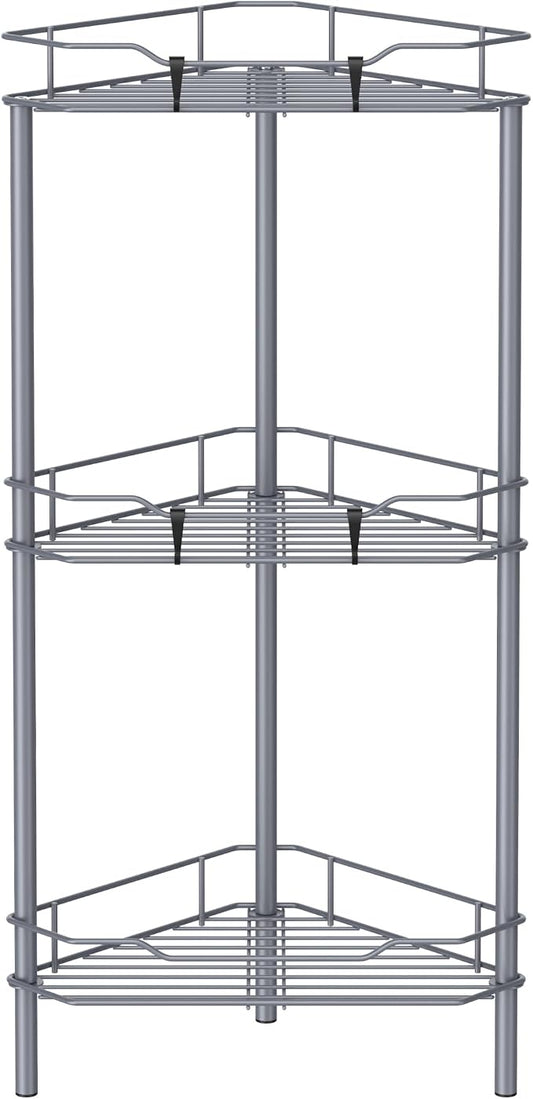 HuggieGems 3 Tier Floor Standing Corner Shower Caddy Organizer Shelf with Hooks, Bathroom Shelves Stand Rack, Dark Gray