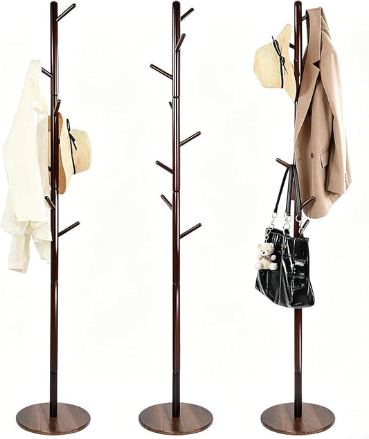 Coat Rack Freestanding- Solid Wood New Zealand Pine Hall Tree with 8 Hooks & 3 Adjustable Levels, Corner Wooden Coat Hanger for Entryway, Hallway and Small Space (Hats, Purses, Bags)