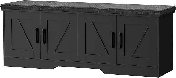 HOMSHO Farmhouse Shoe Storage Bench with 4 Barn Doors & Padded Seat Cushion | 47.2" Wide Entryway Bench with Adjustable Shelves & Hidden Storage, Black