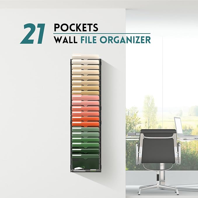 SUPEASY 21 Tier Wall File Organizer, Hanging Wall Mounted Mail Organizer with Label Slots, Metal Mesh File Holder Magazine Rack for Office, Home, School or Classroom, Black