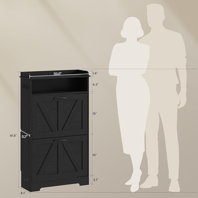Farmhouse Narrow Shoe Cabinet with 2 Flip Drawers, 23.6" W Black | Freestanding shoe storage cabinet for entryway,foyer and hallway,slim design width and space-saving flip drawers