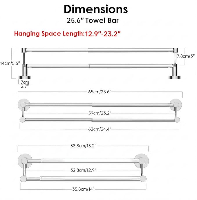 BESy Double Towel Bar Towel Rack for Bathroom Wall Mounted Polished Chrome | Adjustable 16-26 In,Wall Mounted Towel Holder, Stainless Steel, Rustproof, Towel Bar Rod Hanger Hardware Accessories Hotel