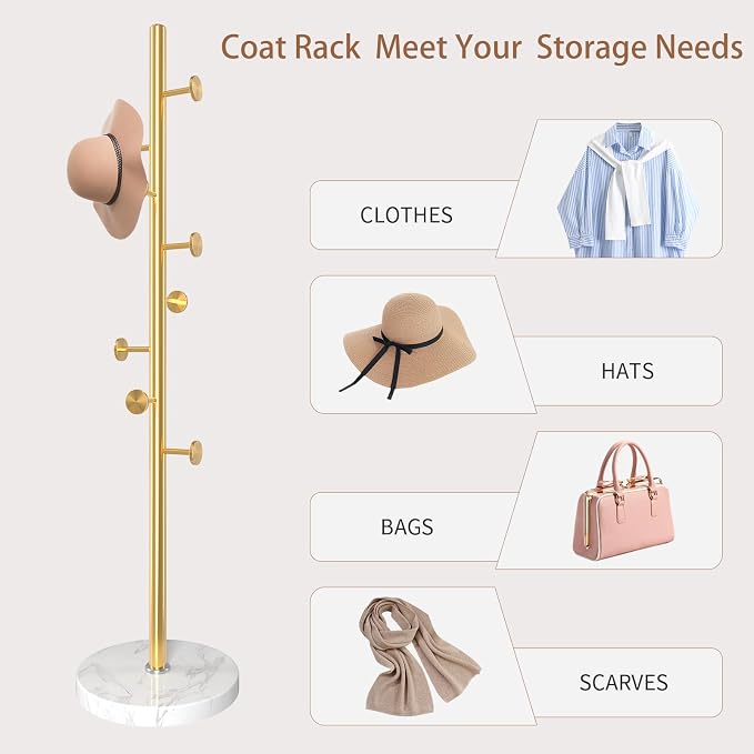 Coat Rack Stand,Golden Metal Coat Rack Freestanding with 8 Hooks | Modern Coat Rack with Natural Marble Base,Coat Hanger Stand, 3 Adjustable Coat Clothes Tree Stand for Office