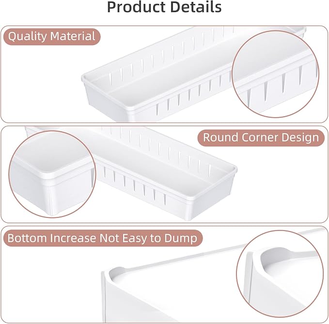 6 PCS Desk Drawer Organizer, Bathroom Drawer Organizer Trays | 12 pcs Dividers Adjustable, 24 Non-Slip Feet, Makeup Organizer Bins for Vanity Clothes Junk Kitchen Utensil, Plastic, White