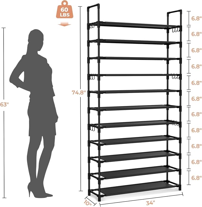 LANTEFUL 11 Tiers Tall Shoe Rack Holds 55 Pairs of Shoes with 18pcs Hooks Sturdy Wide Shoe Organizer Storage Free Standing Metal Shoe Shelf for Closet, Entryway Black