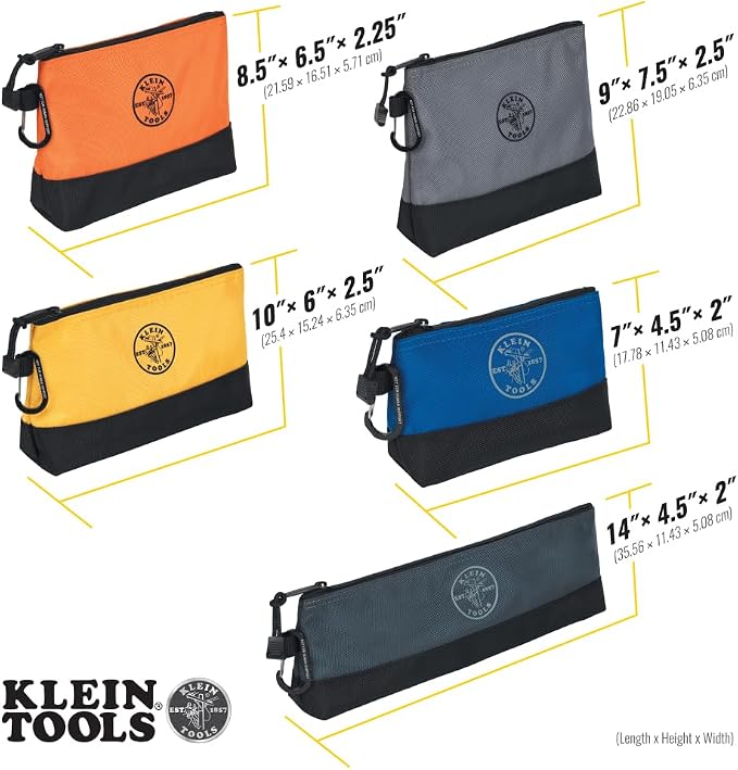 Klein Tools 55569 Stand-Up Zipper Bag Tool Pouch with Carabiners, Reinforced Gusseted Bottoms, Water Resistant 1680d, Multi-Size 5-Pack