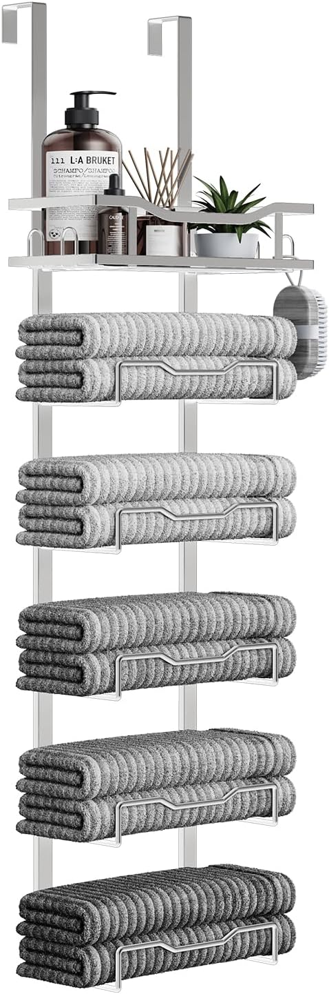 Aetyord Hanging Towel Racks for Bathroom No Drill - Over The Door 6-Tier Bath Towel Storage Organizer for Small Bathrooms-Back Door Large Tiered Towel Holder Hanger for Rolled Towels RV Camper Silver | 6-Tier Over The Door Bath Towel Storage Organizer ...