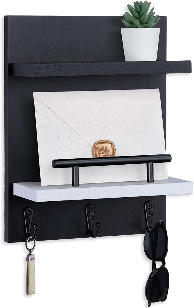 Key Holder Wall Mount, Key Holder With 2 Display Shelf, 3 Hooks for Key, Coat, Dog Leash, Key Hanger with Hook for Mail, Potted Plant, Farmhouse Mail Holder, Entry Way Organizer (Black & White)