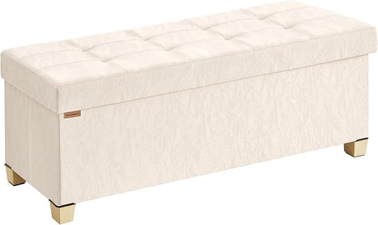 SONGMICS Storage Ottoman Bench, PU Leather Foldable Footrest with Padded Seat, 43.3 x 15 x 15.7 inches, Light Warm White, Sturdy Space Saving Chest for Bedroom, Minota Collection ULSF524WD01