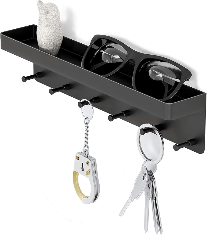 MKO Key Holder Wall Mount, Key Holder Wall Mount Adhesive with Mail Organizer Tray with 6 Key Hooks for Wall, Black | Metal Material, Key Rack with Shelf, Mail Organizer Tray for Entryway, Hallway, Living Room