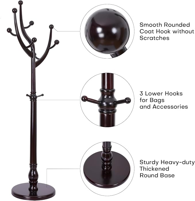 Bekrvio Tree Coat Rack Freestanding with Round Base, Red Brown | Unique Coat Hanger Stand, Heavy Duty Standing Coat Rack, For Jacket, Hat, Bags For Entryway / Hallway / Bedroom
