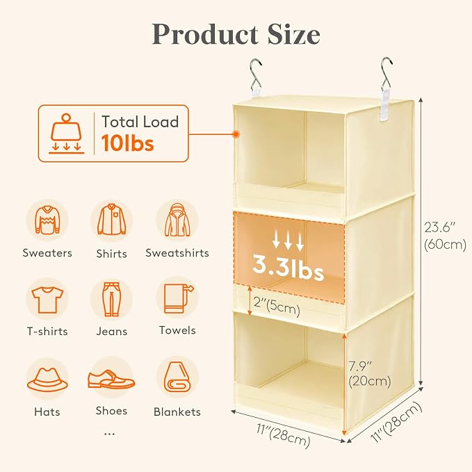 Lifewit 3 Tier Hanging Clothes Storage Organizer for RV, 1 Pack, Beige | Front Anti-Slip Closet Storage Hanger with 2 Sturdy Hooks, Vertical Foldable Sweater Organization for Shelf, Wardrobe, Dorm