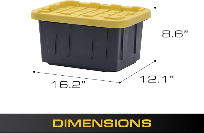 BLACK & YELLOW 5-Gallon Stackable Plastic Storage Bins with Lids, 4 Pack | Small heavy-duty storage totes for garage, closet, classroom & home organization, 8.6H x 12.3W x 16.4D, Black & Yellow,