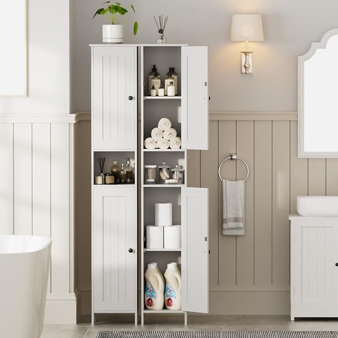 Homleke Tall Bathroom Storage Cabinet with 2 Doors, Slim Bathroom Cabinet | Narrow Storage Cabinet with Adjustable Shelves, Anti-Tip Design, Reversible Door, Easy Assembly, White, 11.8''W