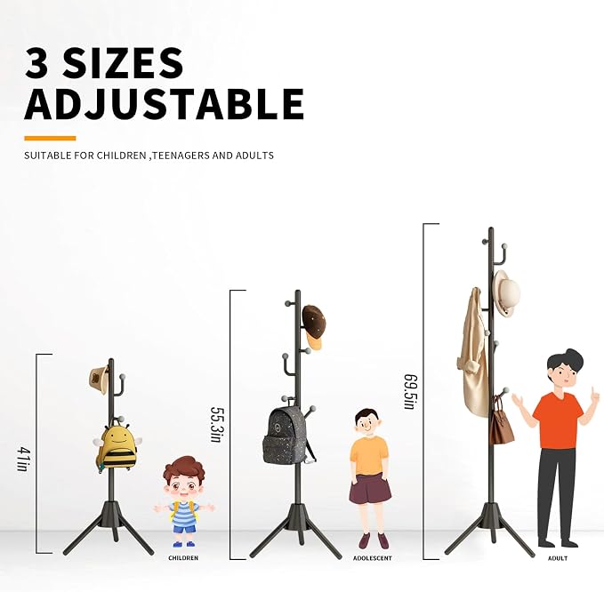 Heavy Duty Anti-Tip Coat Rack with 8LB Stable Weighted Base, [80LB Load Tested] Metal Standing Tree with 8 Hooks, 3-Height Adjustable Space Saving Clothes Organizer for Entryway, Bedroom, Office