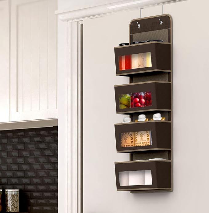 Simple Houseware 4 Clear Window Pocket Over Door Hanging Organizer, Brown | Over the Door Storage for Closet, Bedroom, Bathroom, Pantry