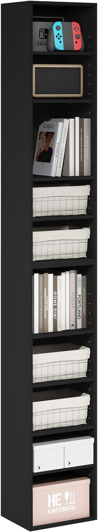 Furinno PASIR Book Shelf, 10-Tier Bookshelf, Bookcase with Open Shelf, 9.2 x 11.8 x 78.7, for Living Room, Bedroom, Home Office, Blackwood
