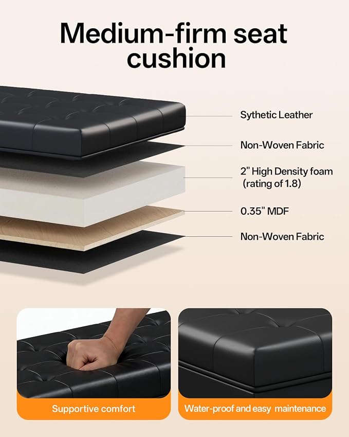 ABHENG Synthetic leather Storage ottoman bench with legs,43.5”W x 15.7”D x 15.7”H,metal frame end of bed bench hold up to 770 LB,Large Storage Chest hold up to 770 LB,Black UASND622B