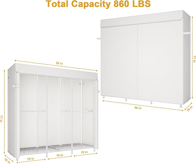 E14C Heavy Duty Closet Organizer System，Freestanding Clothing Racks for Hanging Clothes，Adjustable Garment Rack 58" W × 16" D × 77" H Hold 860 lbs，White Rack with White Cover