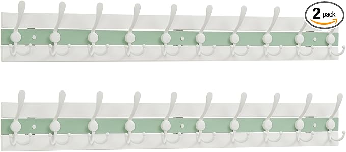 SKOLOO Coastal Coat Rack Wall Mount-38-1/8 Beach House Entryway Wooden Coat Hook with 10 Hooks for Hanging Coats, Hats or Towels, Oceanfront Cottage Core Collection, White & Green, Pack of 2