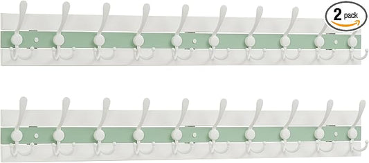 SKOLOO Coastal Coat Rack Wall Mount-38-1/8 Beach House Entryway Wooden Coat Hook with 10 Hooks for Hanging Coats, Hats or Towels, Oceanfront Cottage Core Collection, White & Green, Pack of 2