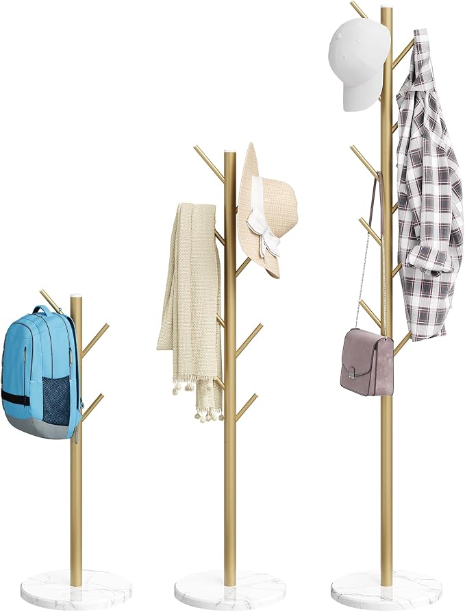 Coat Rack Freestanding, Metal Coat Rack with Natural Marble Base, Gold | 10 Hooks, 3 Adjustable Heights, Heavy Duty Coat Tree for Bags, Clothes, and Hats for Entryway, Bedroom, Hallway, Office