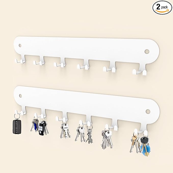 2 Pack Key Holder for Wall Adhesive, Key Hooks with 12 Hooks Wall Mounted | White Key Hangers for Living Room, Bathroom, Garage, Kitchen, Office(White, 12 Hooks)