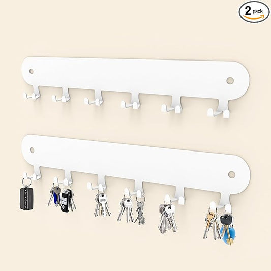 2 Pack Key Holder for Wall Adhesive, Key Hooks with 12 Hooks Wall Mounted | White Key Hangers for Living Room, Bathroom, Garage, Kitchen, Office(White, 12 Hooks)