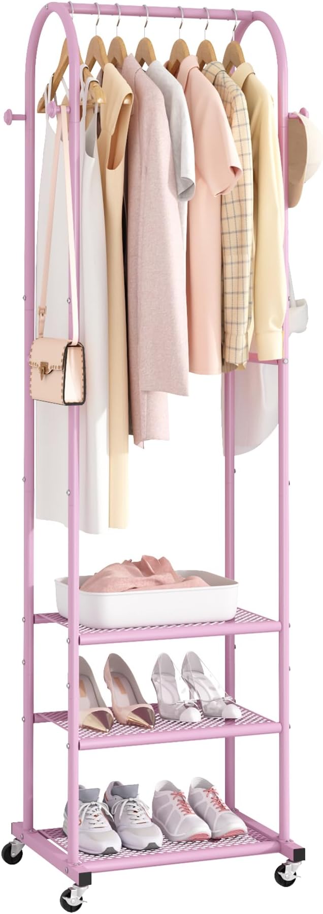 Kaitiemoo Clothing Rack, Mobile Garment Rack with Wheels & 3 Shelves, pink | Heavy Duty Frame, Fits Small Spaces, 71.8 Inches Display Rack, Easy to install, pink clothes rack