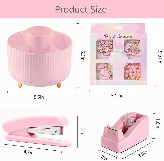Office Supplies,School Supplies,Pink Desk Accessories,Desk Organizer,Scissors,Stapler,Tape Dispenser,Binder Clips,Staples,Staple Remover,Sticky Notes,Clear Tape,Pen,Ruler,Best Gift,11pcs