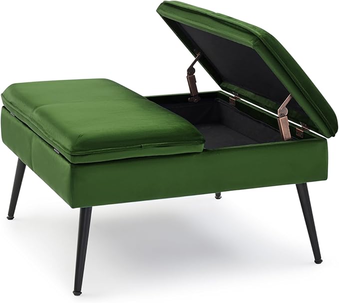 Square Ottoman with Storage Coffee Table Large Upholstered Green | Mid-Century Modern Ottoman w/ Double Flip-Lid Metal Legs Padded Seat for Living Room Bedroom, Velvet, Loads 660 lbs